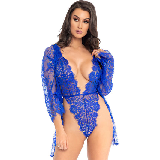 Floral Lace Teddy and Robe Blue Lingerie