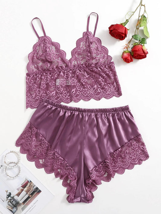 Plus Floral Lace Bralet With Satin Shorts